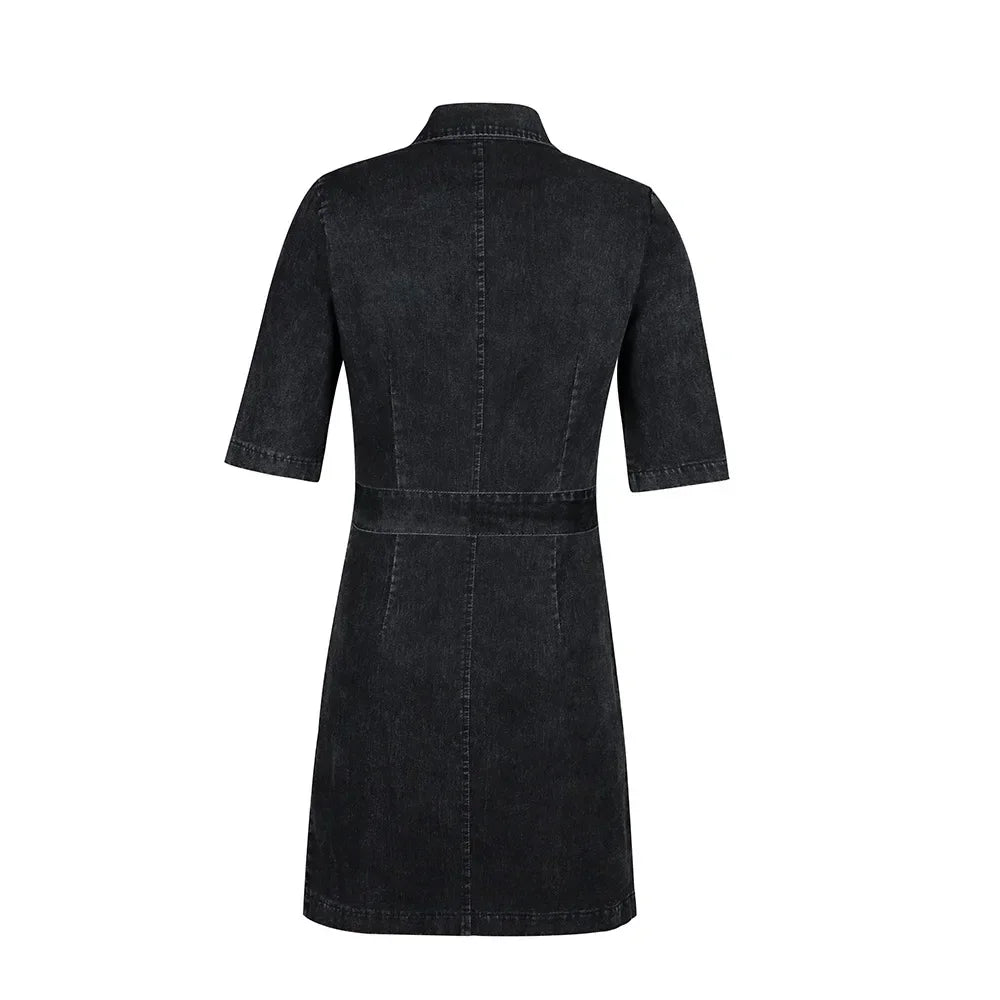 Women Denim mini Dresses Zipper Solid Color Dress Turn Down Collar Belt Streetwear Pockets Short Sleeve Slim Fit Sexy summer