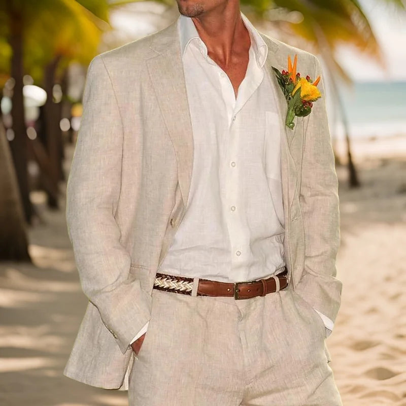 Tuxedo for Mens: Beige Linen Men's Suits for Summer Beach Wedding 2 Pcs American