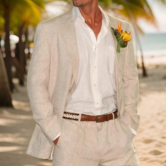 Tuxedo for Mens: Beige Linen Men's Suits for Summer Beach Wedding 2 Pcs American