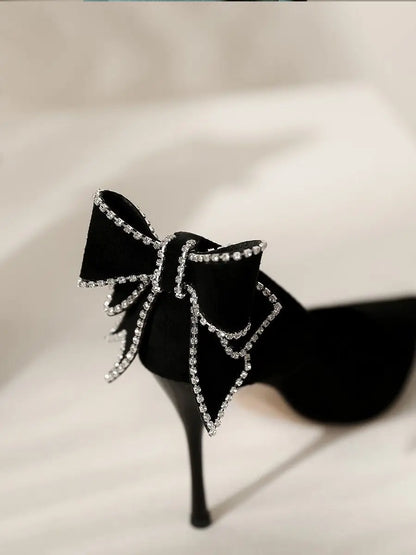 Ladies Summer Footwear Super High Heel with Bow Rhinestone Crystals Stilito Diamond Black Shoes for Women 2024 Free Shipping E A