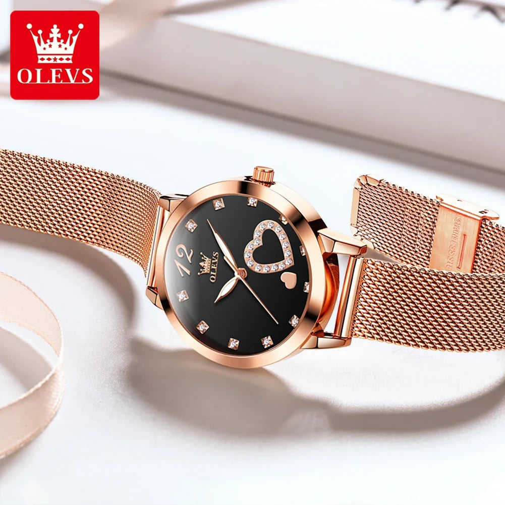 OLEVS 5189 Women's Watch Quartz Wristwatch Casual Fashion Watch for Ladies Waterproof Luminous Mesh Belt Love Dial Zircon Scale