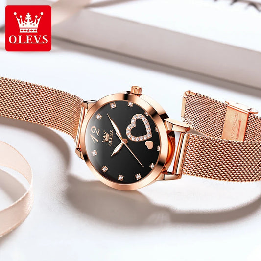 OLEVS 5189 Women's Watch Quartz Wristwatch Casual Fashion Watch for Ladies Waterproof Luminous Mesh Belt Love Dial Zircon Scale