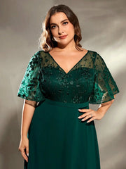 Mgiacy plus size V-neck See-through trumpet sleeve embroidered chiffon