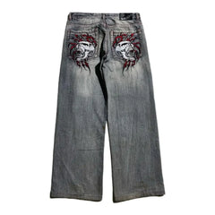 Streetwear Skull Embroidered Baggy Jeans Y2K Gothic Trend Mens Casual