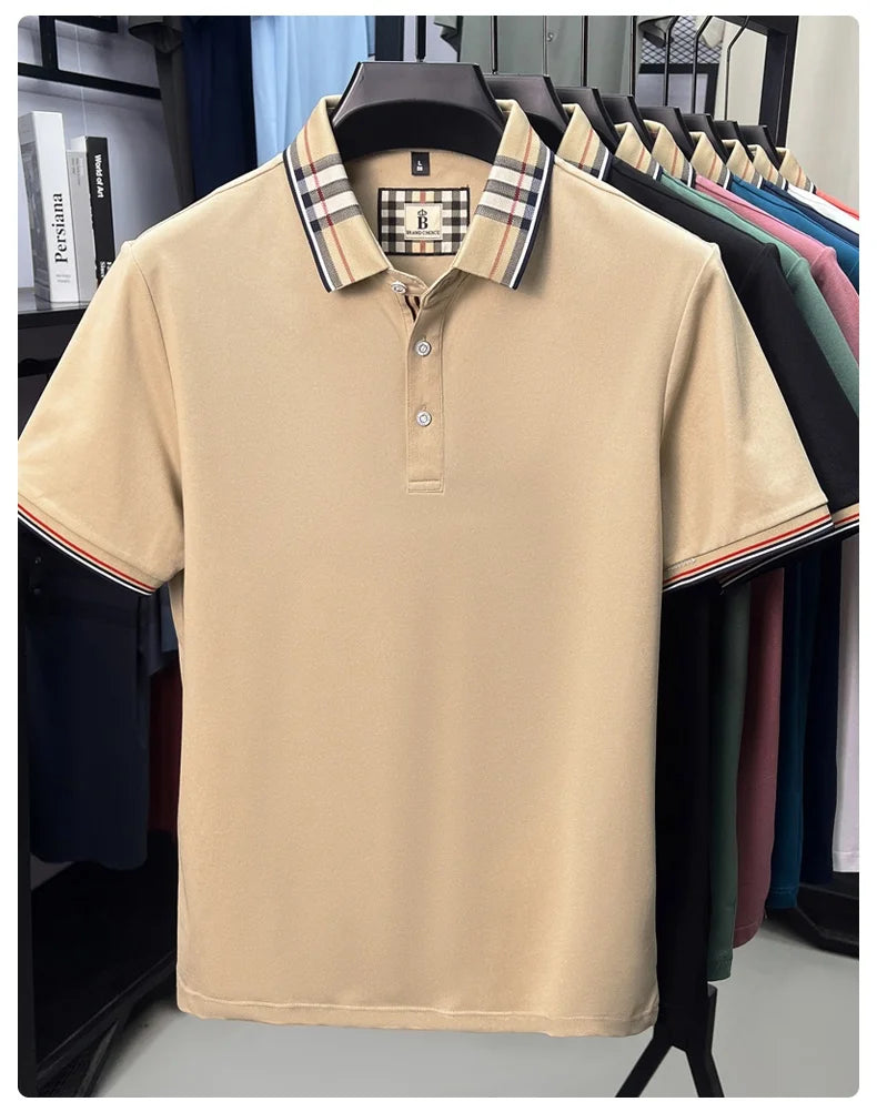 High end silky cotton breathable short sleeve polo shirt men's summer new trend plaid lapel designer brand casual golf T-shirt