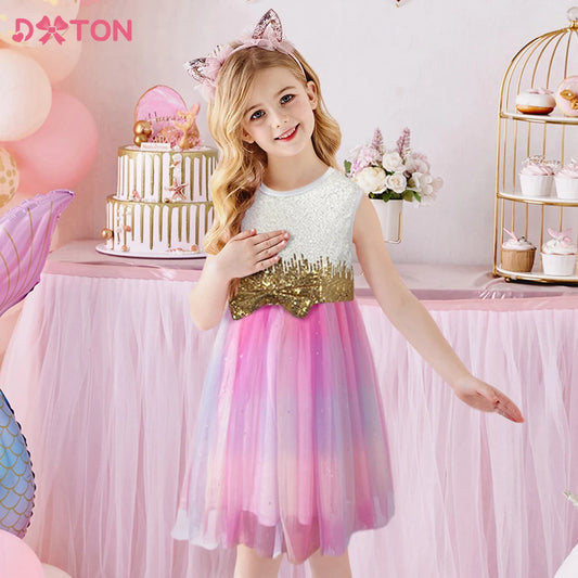 DXTON Princess Dress for Girls Kids Sleeveless Summer Dresses Children Shinny Sequins Bowknot Elegant Frocks Kids Party Costumes
