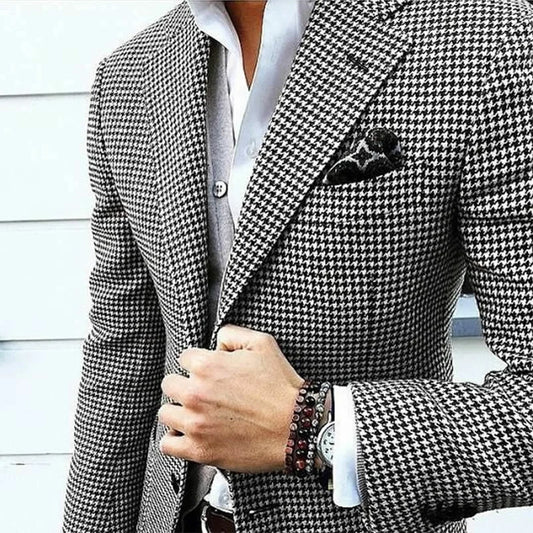 Italian Style Men's Blazer Houndstooth Casual Man Suit Jacket Notched