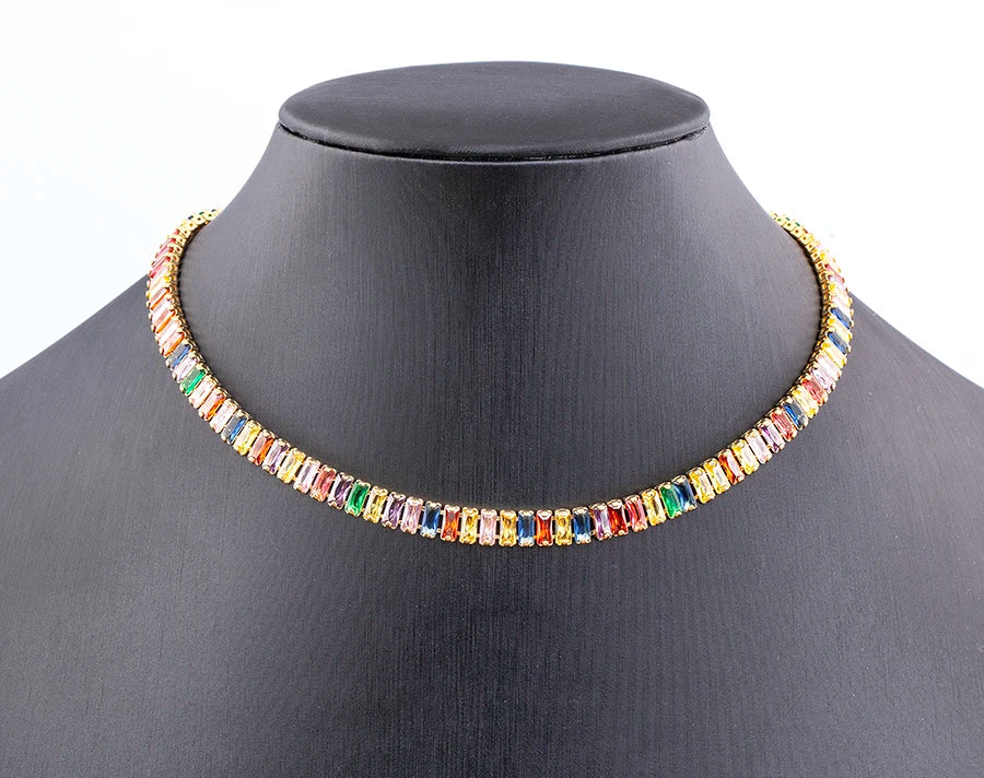 Nidin Classic Colorful Tennis Necklace Men and Women Rectangular Full Zircon Neck