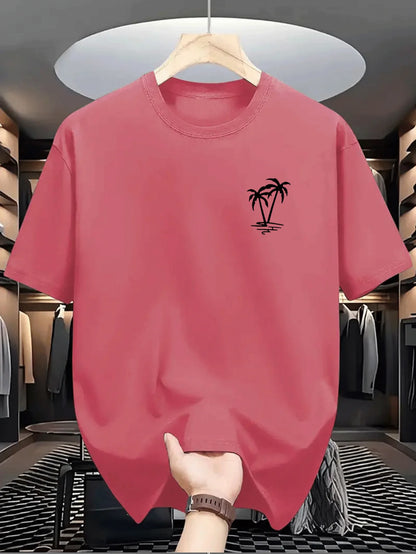 Men's summer 100% cotton fashionable casual loose coconut tree pattern printed sports round neck short sleeved T-shirt top