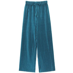 Women Fashion Summer Wide Leg Pants Pleated Ice Silk Trousers Elastic Waist Pants