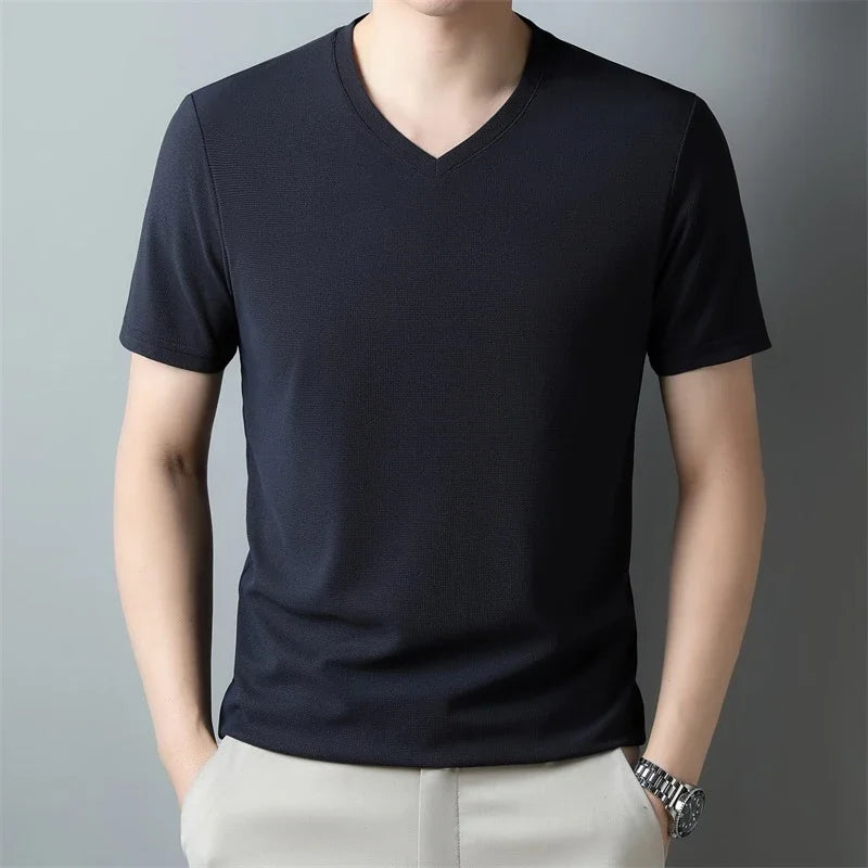 2024 Men's New Waffle V Neck Short Sleeved T-shirt Summer Comfortable Top