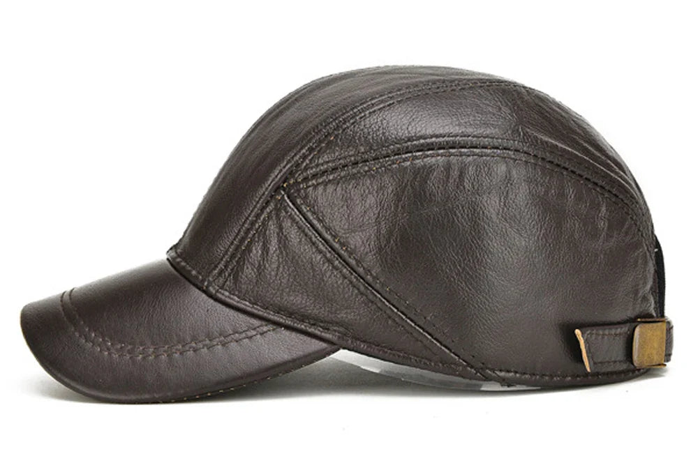 Hot Sale Casual Real Leather Earflap Cap Men's Real Cowhide Leather Caps Male Fall Winter Genuine Real Cow Leather Baseball Hats
