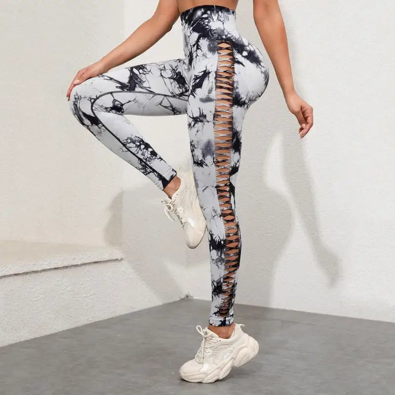 Tie Dye Yoga Pants Hollow Seamless Sport Leggings for Women