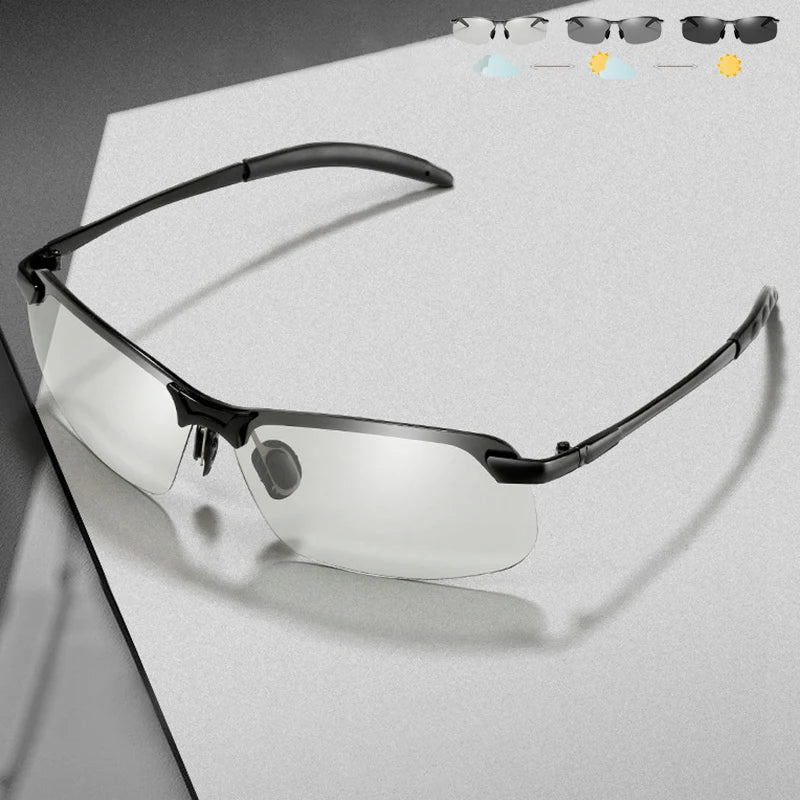 Half-frame Photochromic Sunglasses Men Women Vintage Metal Polarized Sun Glasses For Male Night Vision Driving Shades