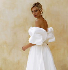 Wedding Dress Short Puff Sleeves Simple Plain White Bridal Gown