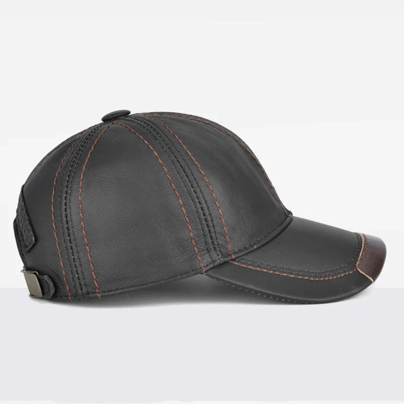 Men Real Cowhide Leather Earlap Caps Male Fall Winter 100% Real Cow Leather Hats New Casual Real Leather Outdoor Baseball Cap