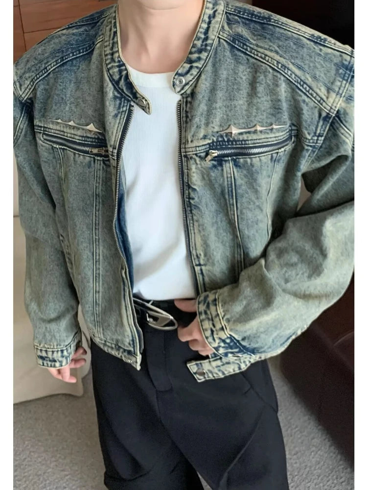Men's Denim Jackets American-style High Street Zippers Coat Vintage Washed