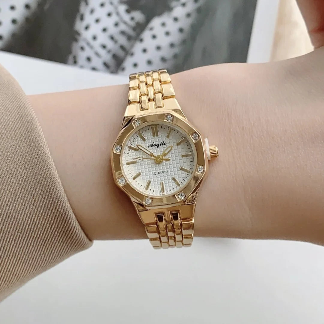 Women's Fashion Round Room Gold Steel Band Quartz Wristwatch Luxury Ladies Golden Watch for Women Clock Female Reloj