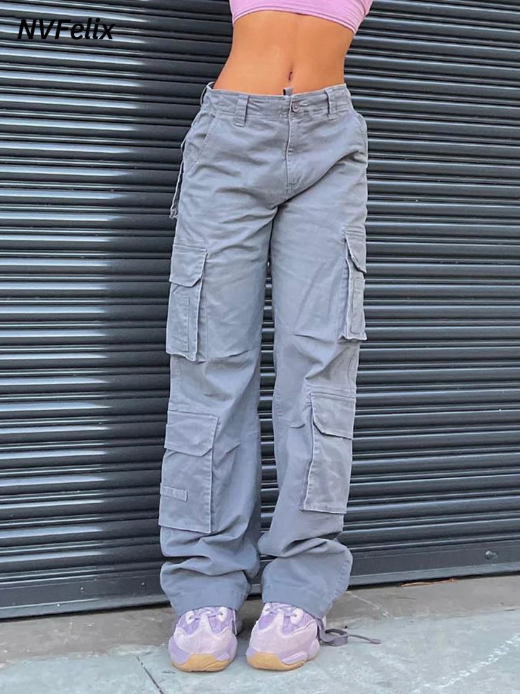 Summer Womens Vintage Grey Cargo Pants High Waist Wide Leg Jeans