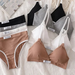 Underwear Set Women Bra Briefs Set Low Waist Panties Wire Free Vneck Bra Bralette