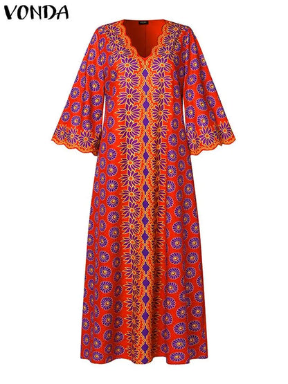 Plus Size 5XL VONDA Bohemian Women Long Dress Vintage Printed Party Maxi Sundress Summer Sexy V Neck 3/4 Sleeve Casual Vestidos