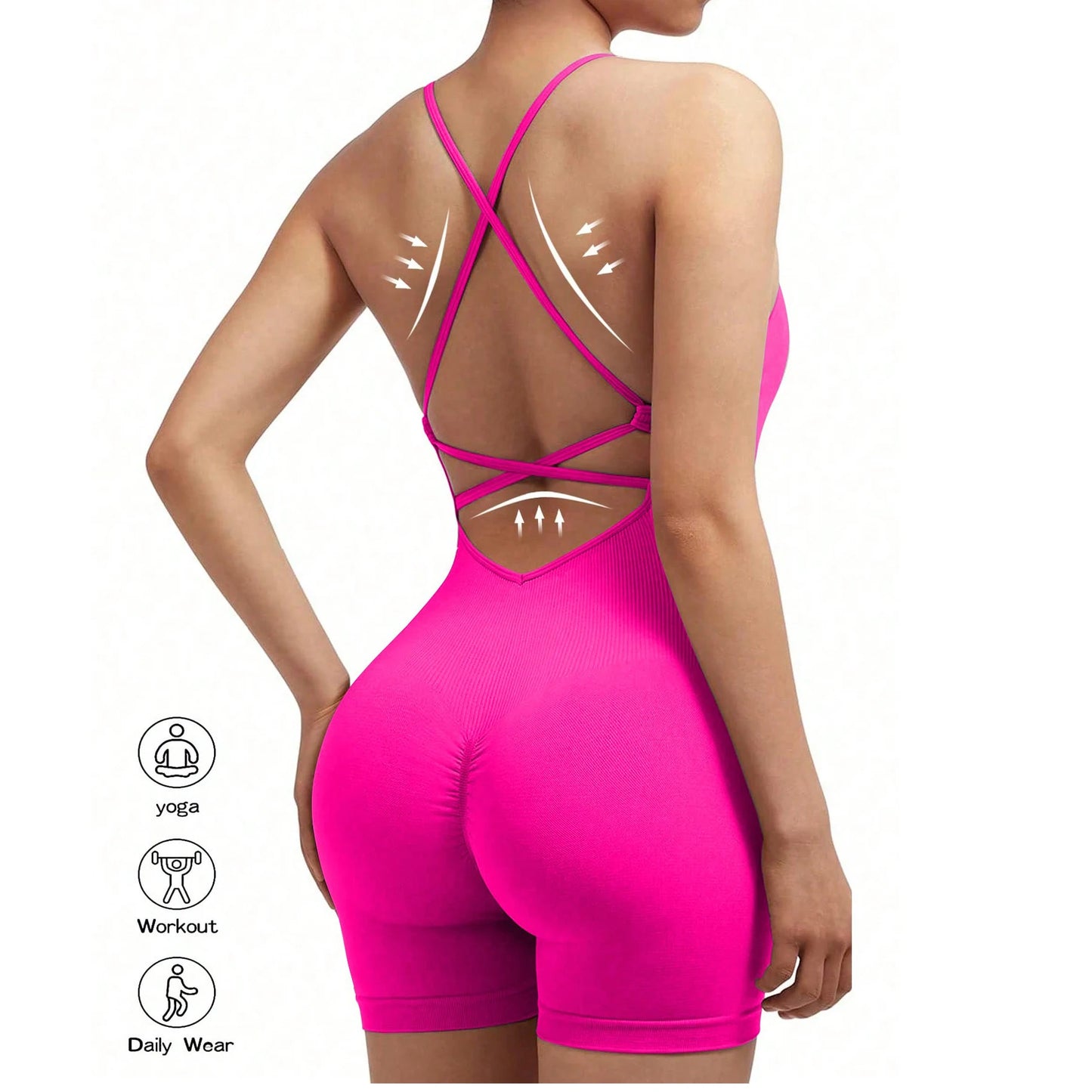 Yoga Criss Cross Backless Cami Sports Romper,Women's Jumpsuits Ribbed One Piece