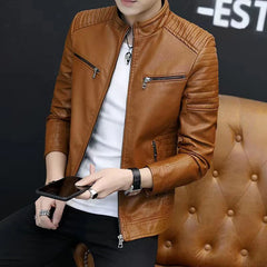 Autumn Winter Stand Collar Loose Casual PU Leather Jacket Male Add Velvet Warm