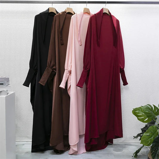 Muslim Abaya One-piece Prayer Dress Hooded Smocking Sleeve Women Jilbab Islamic