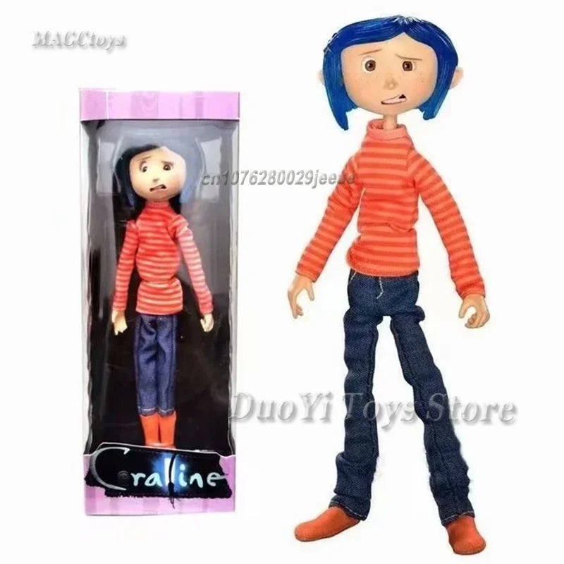 NECA Anime Coraline Doll Articulated Anime Figure Raincoat Sweater In Striped Shirt Toy LA Girl Decoration Model Bithday Gifts
