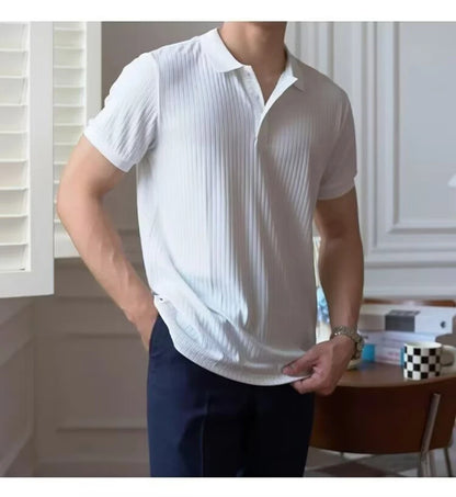 Vertical Stripe Knit Polo Men's Shirts Summer New Slim Solid Color Breathable Turn-Down Collar Business Short Sleeve Polo Tops