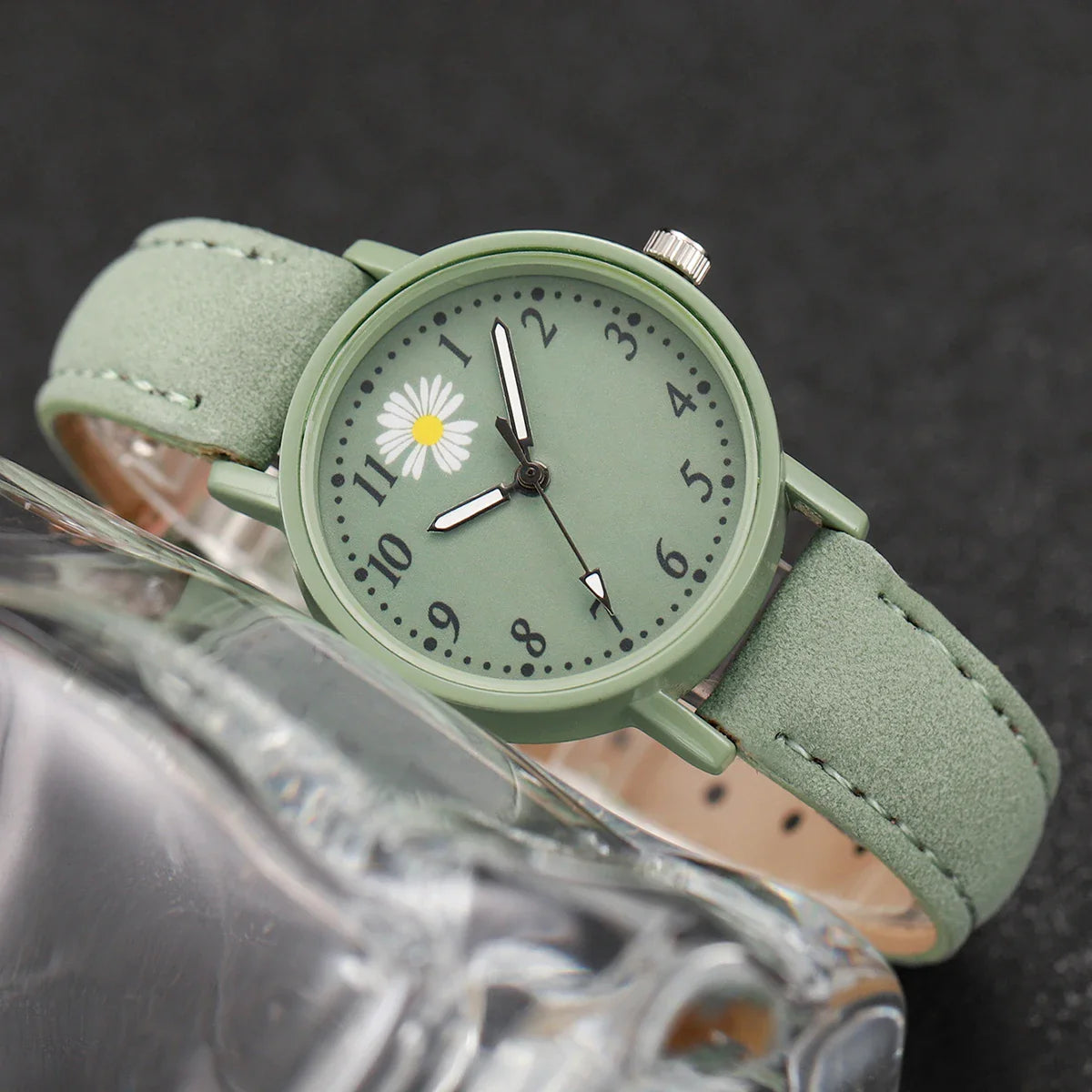2PCS/Set Fashion Flower Women's Watch Casual Arabic Dial Leather Band Quartz Watches Bracelet Set