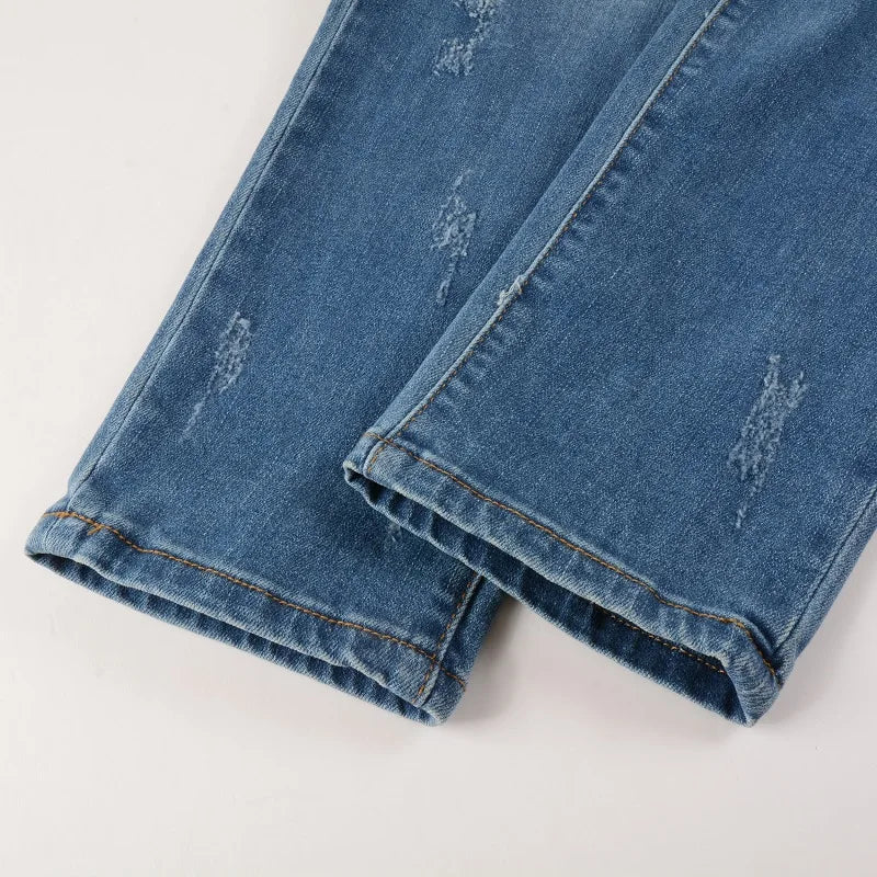 Men Stretch Denim Biker Jeans Classic Blue Pleated Patch Patchwork Ripped Pants
