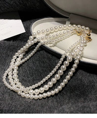 Girl’s Imitation White Pearl Magnetic Round Buckle Beads Chain Necklace