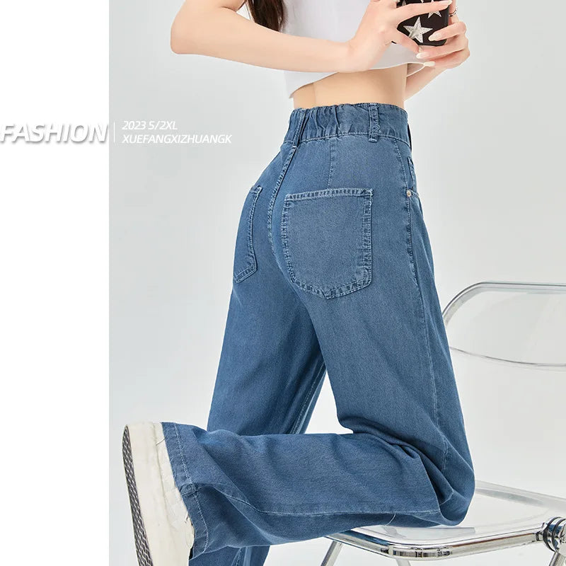 Blue Ice Silk Jeans Women's Thin Straight Pants Micro Speaker Mop Wide Leg Pants