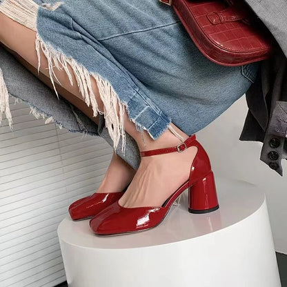 C148 New Spring Summer 8cm High Heel Tabi Shoes Elegant Patent Leather Women Split Footwear Strap Buckle Lady Moccasins Shoes