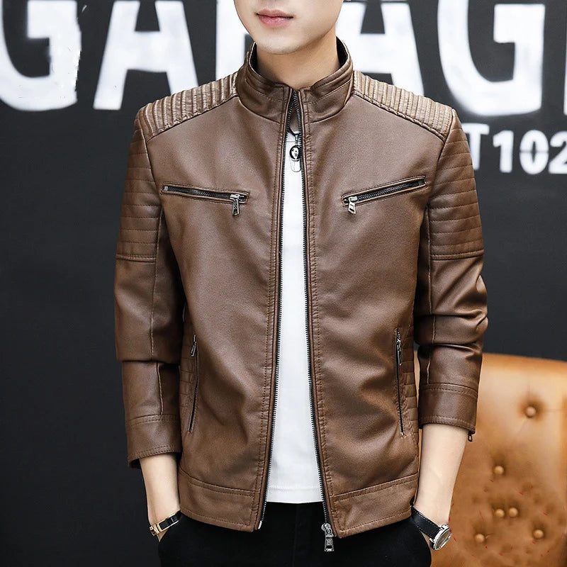 Autumn Winter Stand Collar Loose Casual PU Leather Jacket Male Add Velvet Warm