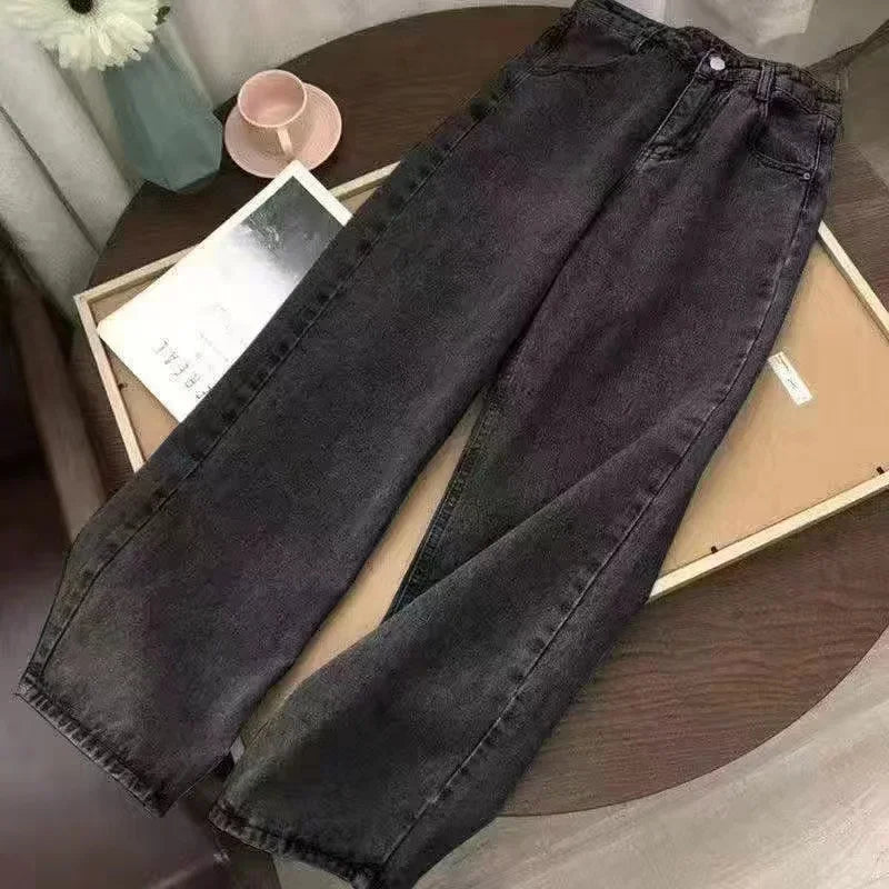 Streetwear retro hip-hop flame embroidery loose high-waisted jeans female