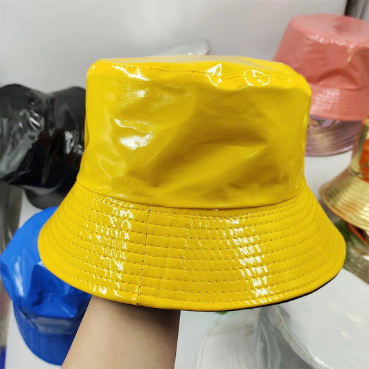Colorful Shiny Leather Two Sided Fisherman Hat Women's and Men's Hip Hop Summer Sunshade Hat Foldable Bucket Hat