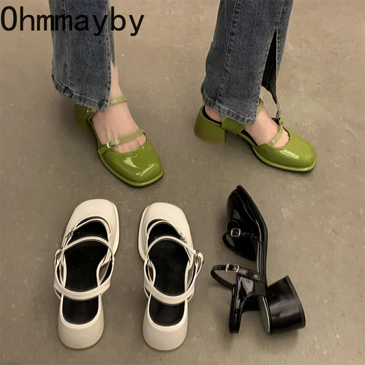 New Mary Jane Shoes Buckle Pumps Women Thick Heels Elegant Shallow Square Toe Footwear Fashion Outdoor Lady Shoes