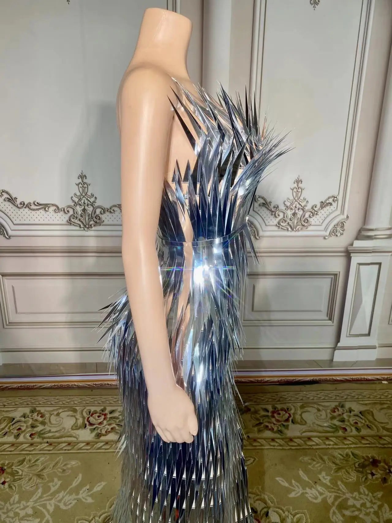 Evening Dresses for Women: Silver Sequin Deep V Neck Mermaid Evening