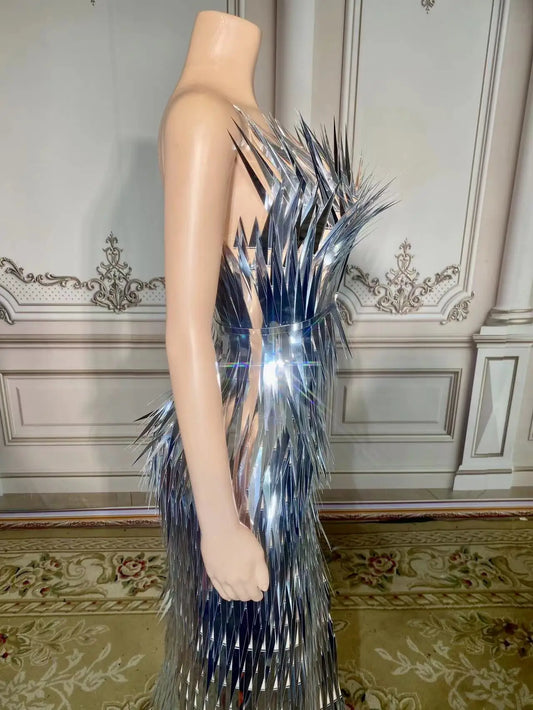Evening Dresses for Women: Silver Sequin Deep V Neck Mermaid Evening