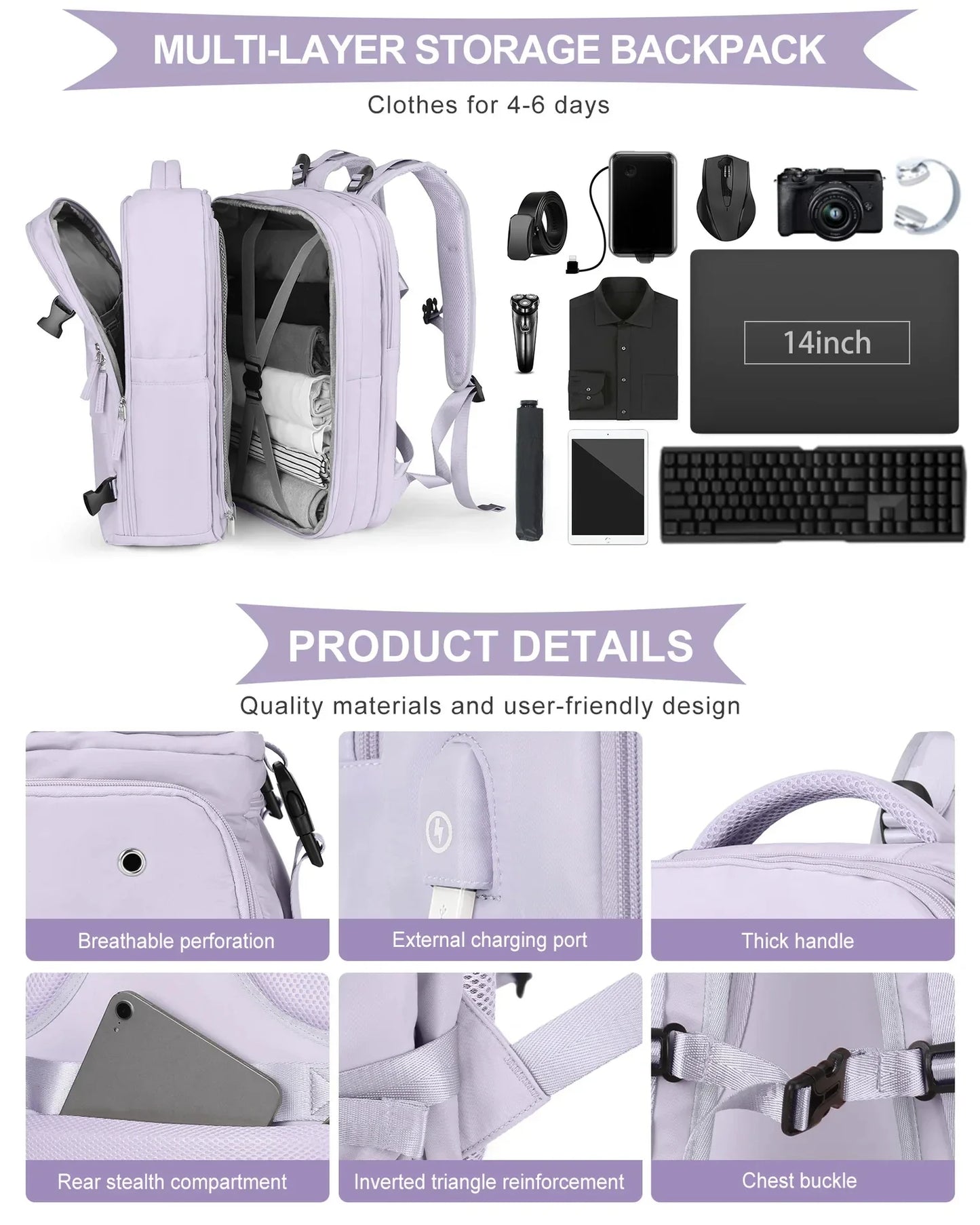 Buylor Travel Backpack for Women 40x25x17 Airplane Cabin Backpack Carry-On Luggage 14inch Laptop Backpack Casual Schoolbackpack