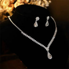 Crystal Necklace Earrings Set Water Drop Pendant Clavicle Chain Party Jewelry