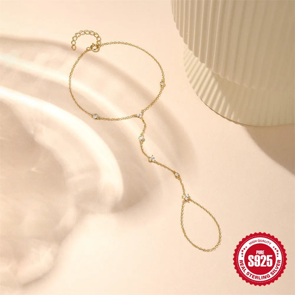 CANNER 925 Sterling Silver Flower Clover CZ Finger Ring Chain Bracelet For Women Ins Hand Chain Horse Eye Jewelry Party Gift