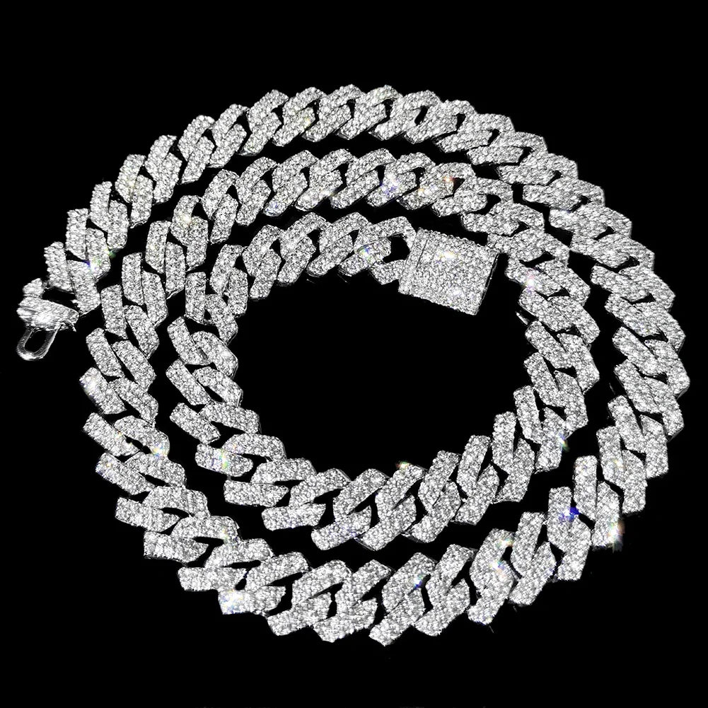 HipHop Men Women 14MM Prong Cuban Link Chain Necklace Bling Iced Out 2 Row Rhinestone Paved Miami Rhombus Cuban Necklace Jewelry