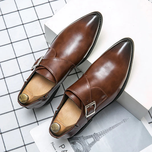 Fashion Men's Monk Leather  Shoes Buckle Pointed Dress Shoes Men