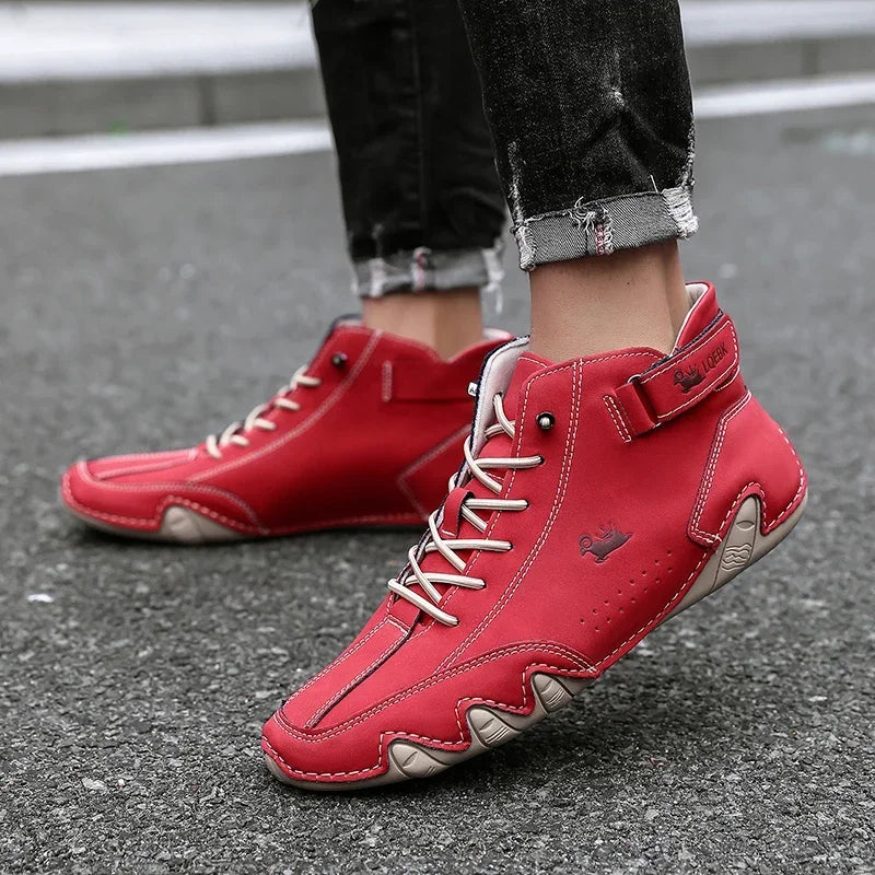 Summer Hot Selling Men's Durable Leather Flat Bottomed Boots Workwear Shoes Retro Lace Up Breathable Casual Men's Moto Boots