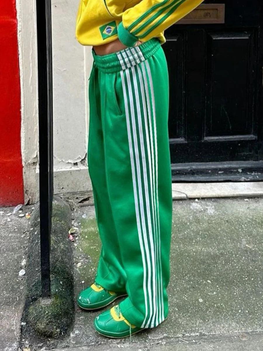Women Y2k Wide Leg Track Pants Baggy Side Striped Joggers Sweatpants Elastic Waist