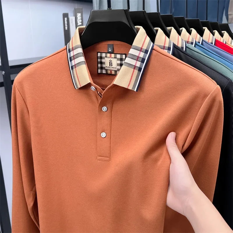 Men's Plaid Long Sleeve Polo Shirt Autumn Winter Casual Office Outdoor Fashion Top Commercial Collar Trendy Men's Clothing