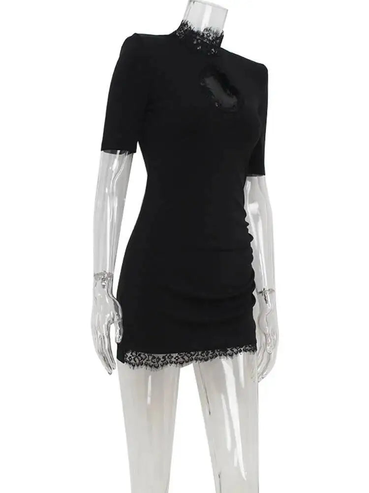 Sexy Sheath Women's Mini Dresses Solid Lace Turtleneck Slim Fit Bodycon Hollow Out Half Sleeves Streetwear Vestidos Robe GX98